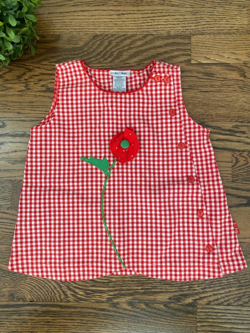 Le Top Red & White Gingham Top w/ Embroidered/Raised Flower Sz 6